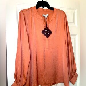 Ava & Viv Peach Long sleeve Silky Womans Blouse V Neck Size 1X NEW Tag